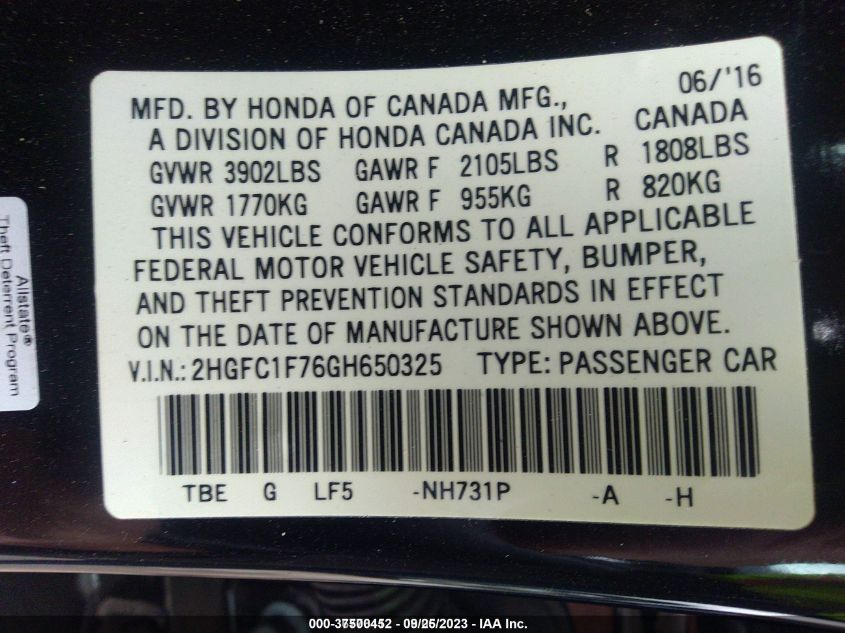 2016 HONDA CIVIC SEDAN EX-L - 2HGFC1F76GH650325