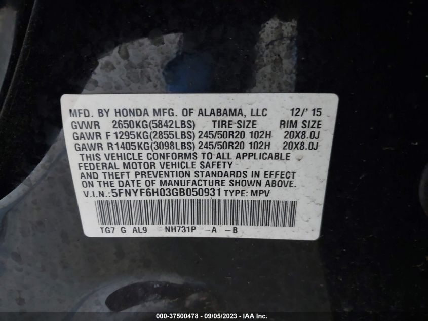 2016 HONDA PILOT ELITE - 5FNYF6H03GB050931