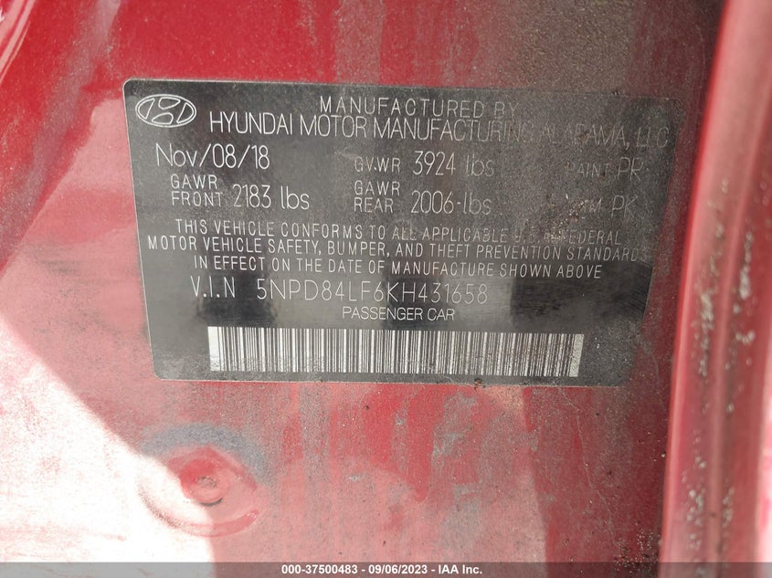 VIN 5NPD84LF6KH431658 2019 HYUNDAI ELANTRA SEL/VALUE/LIMITED