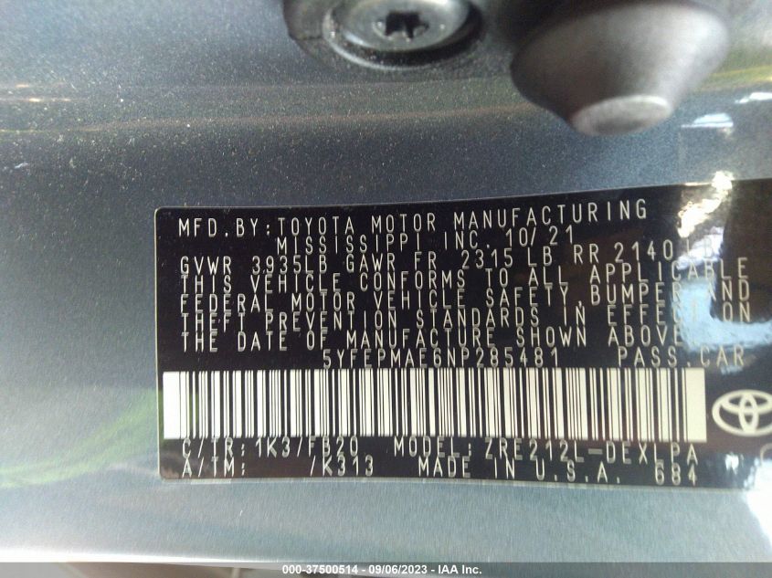 2022 TOYOTA COROLLA LE 5YFEPMAE6NP285481