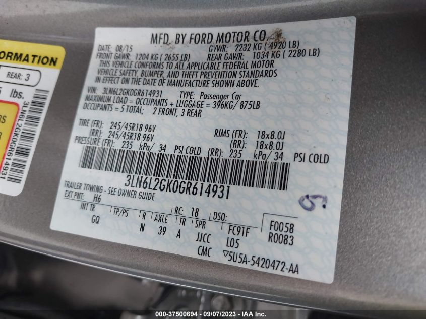 2016 LINCOLN MKZ - 3LN6L2GK0GR614931
