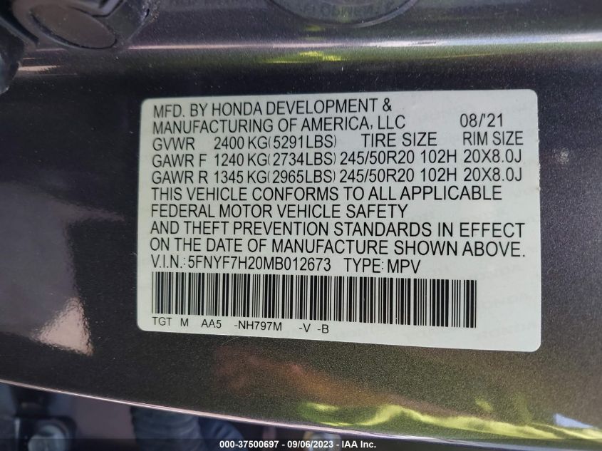2021 HONDA PASSPORT SPORT 5FNYF7H20MB012673