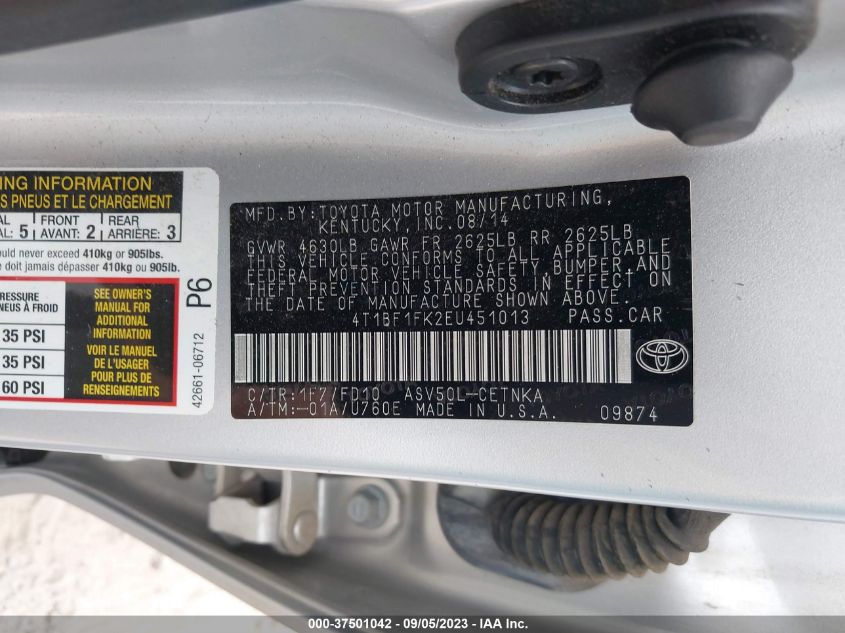 2014 TOYOTA CAMRY L/LE/XLE/SE/SE SPORT - 4T1BF1FK2EU451013