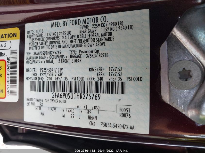 2017 FORD FUSION ENERGI TITANIUM/PLATINUM - 3FA6P0SU1HR275769