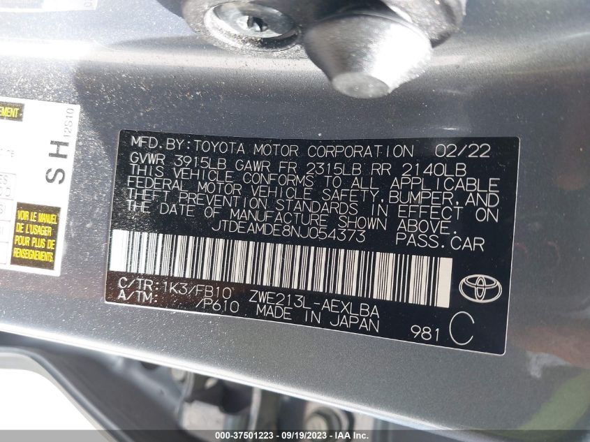 JTDEAMDE8NJ054373 Toyota Corolla HYBRID LE 9