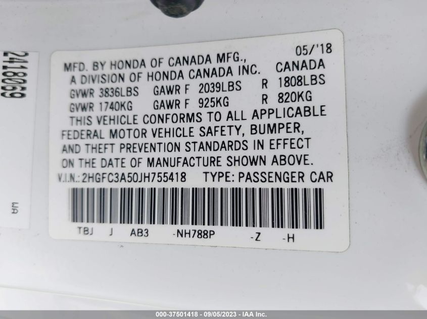 2018 HONDA CIVIC SI COUPE 2HGFC3A50JH755418