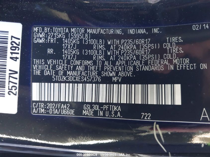 2014 TOYOTA SIENNA L - 5TDZK3DCXES457376