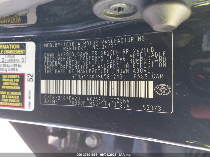 2021 TOYOTA CAMRY SE - 4T1G11AKXMU581213