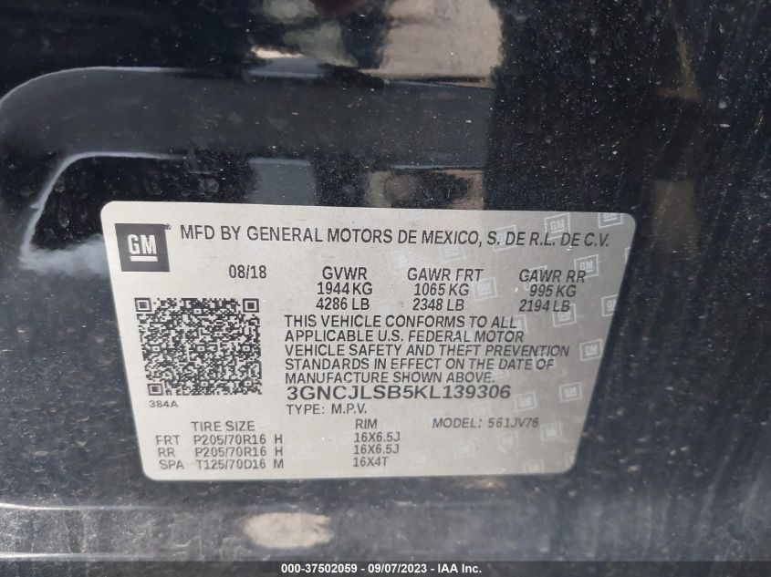 2019 CHEVROLET TRAX 1LT - 3GNCJLSB5KL139306