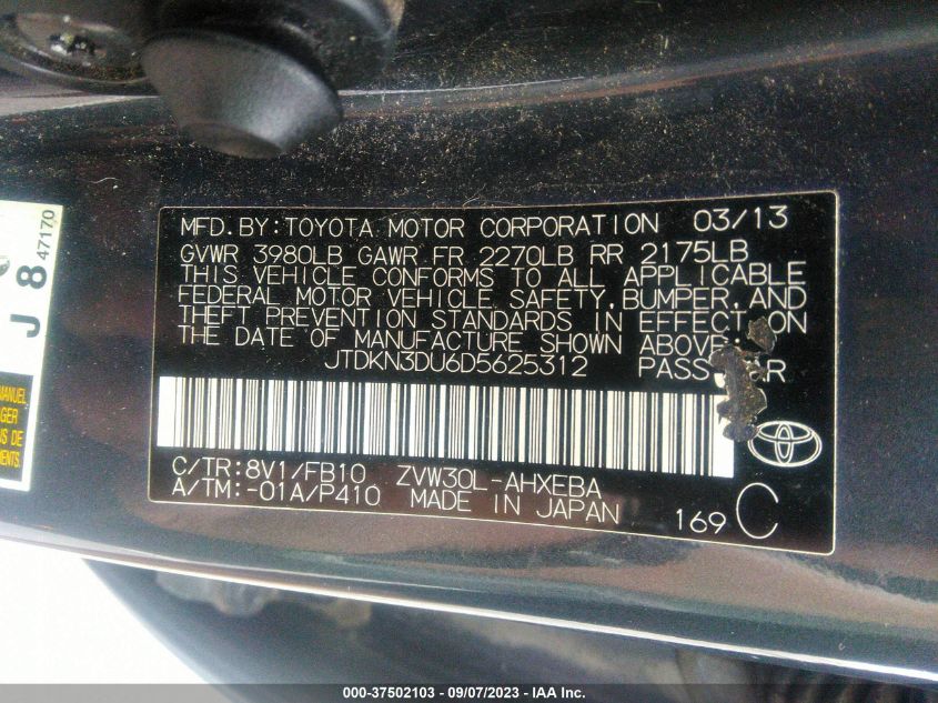 2013 TOYOTA PRIUS ONE/TWO/THREE/FOUR/FIVE - JTDKN3DU6D5625312