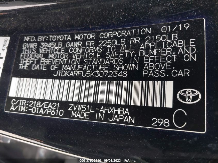 JTDKARFU5K3072348 Toyota Prius L ECO/LE/XLE/LIMITED 9