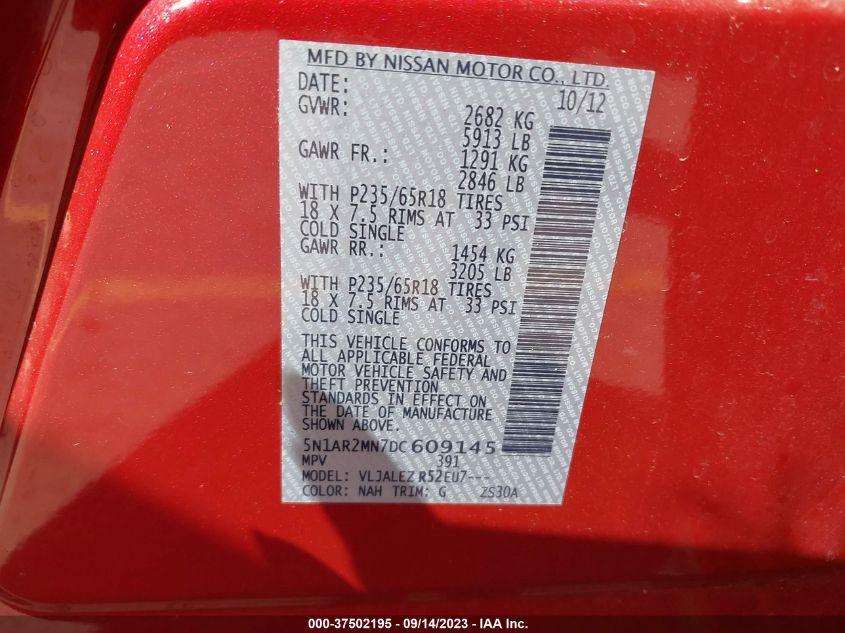 2013 NISSAN PATHFINDER SV - 5N1AR2MN7DC609145
