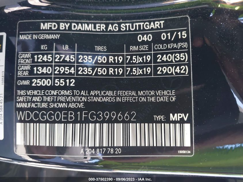 2015 MERCEDES-BENZ GLK-CLASS GLK 250 BLUETEC WDCGG0EB1FG399662