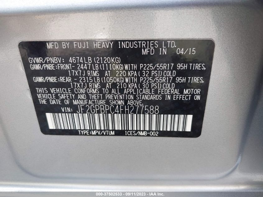 2015 SUBARU XV CROSSTREK HYBRID TOURING - JF2GPBPC4FH277588
