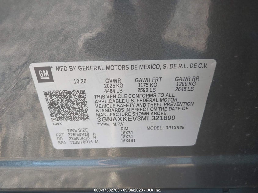 VIN 3GNAXKEV3ML321899 2021 CHEVROLET EQUINOX LT