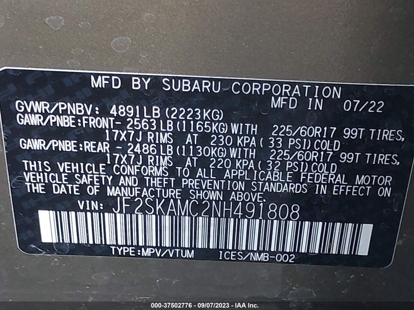 VIN JF2SKAMC2NH491808 2022 SUBARU FORESTER WILDERNESS
