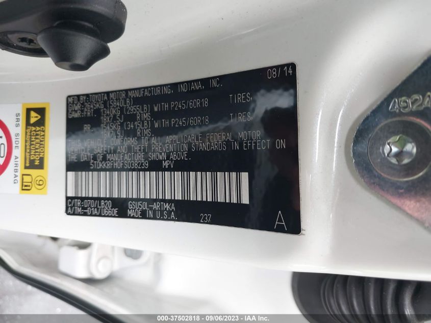 2015 TOYOTA HIGHLANDER XLE - 5TDKKRFH0FS038239