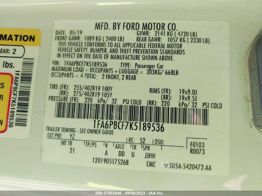 1FA6P8CF7K5189536 2019 FORD MUSTANG, photo no. 9