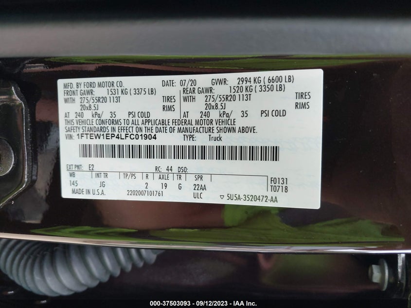 VIN 1FTEW1EP4LFC01904 2020 FORD F-150 XL/XLT/LARIAT