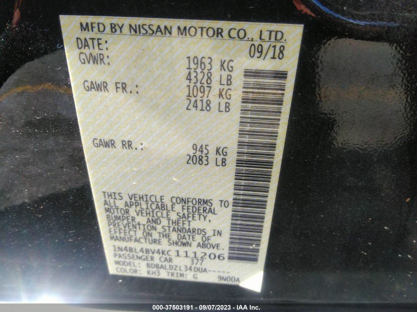 2019 NISSAN ALTIMA 2.5 S - 1N4BL4BV4KC111206