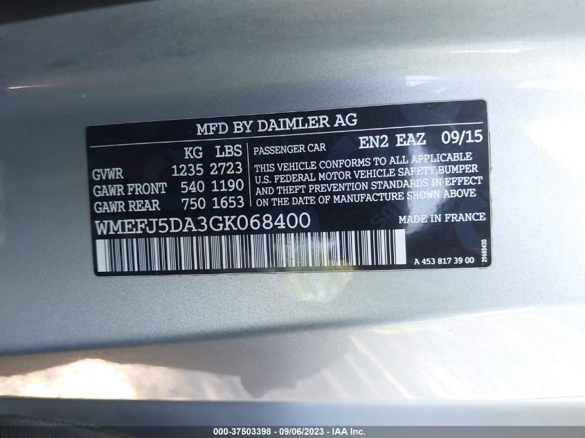 2016 SMART FORTWO WMEFJ5DA3GK068400