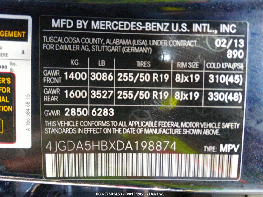2013 MERCEDES-BENZ M-CLASS ML 350 4JGDA5HBXDA198874