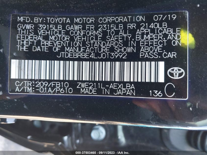 2020 TOYOTA COROLLA HYBRID LE - JTDEBRBE4L1013992