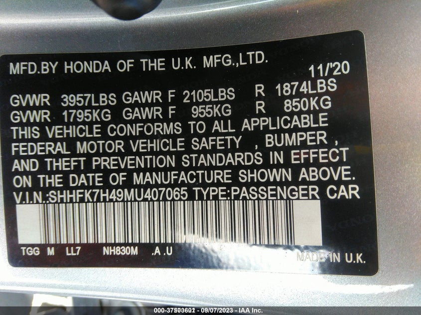 VIN SHHFK7H49MU407065 2021 HONDA CIVIC HATCHBACK SPORT