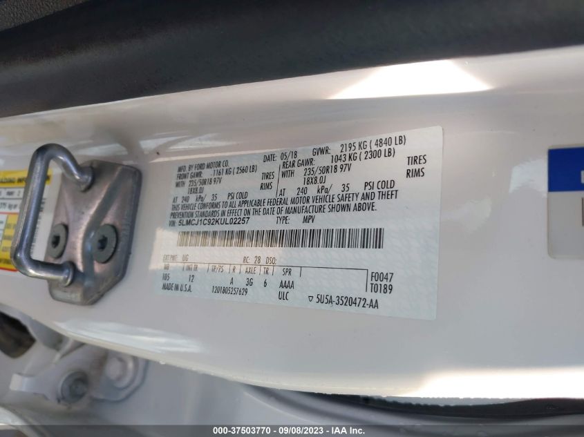 2019 LINCOLN MKC STANDARD - 5LMCJ1C92KUL02257