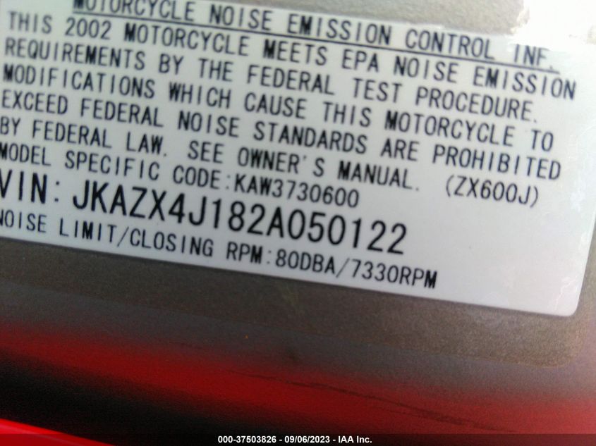 2002 KAWASAKI ZX600 J1 JKAZX4J182A050122