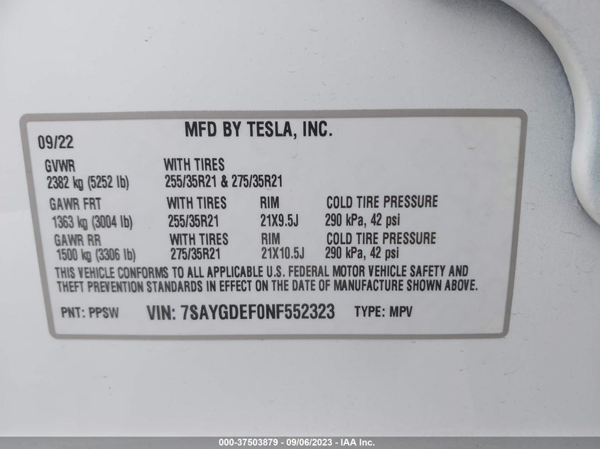 VIN 7SAYGDEF0NF552323 2022 TESLA MODEL Y PERFORMANCE