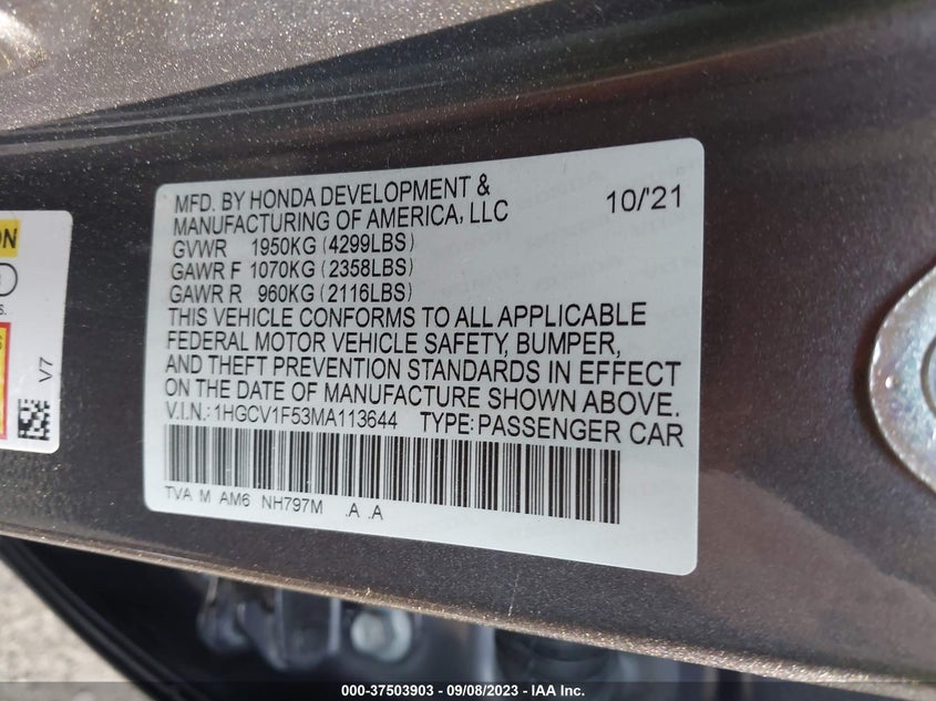 VIN 1HGCV1F53MA113644 2021 HONDA ACCORD SEDAN EX-L