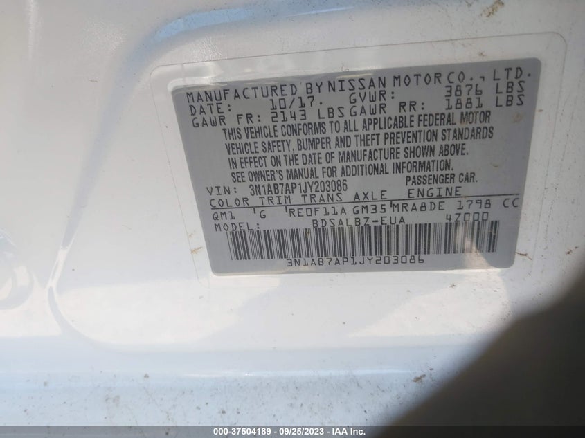 VIN 3N1AB7AP1JY203086 2018 NISSAN SENTRA S