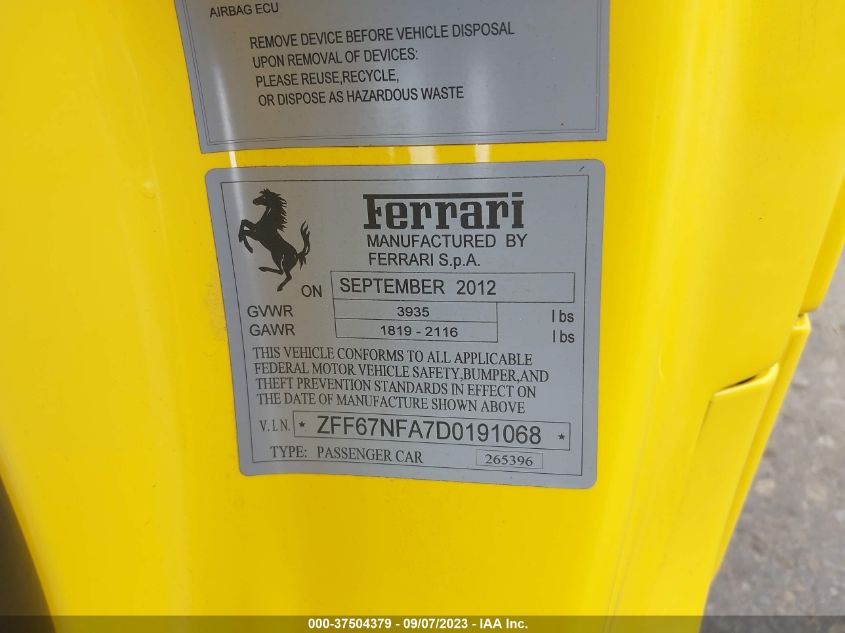 2013 FERRARI 458 ITALIA ZFF67NFA7D0191068