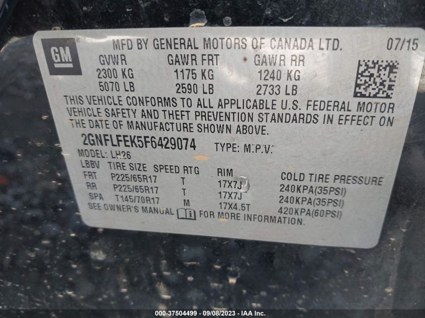 2015 CHEVROLET EQUINOX LT - 2GNFLFEK5F6429074