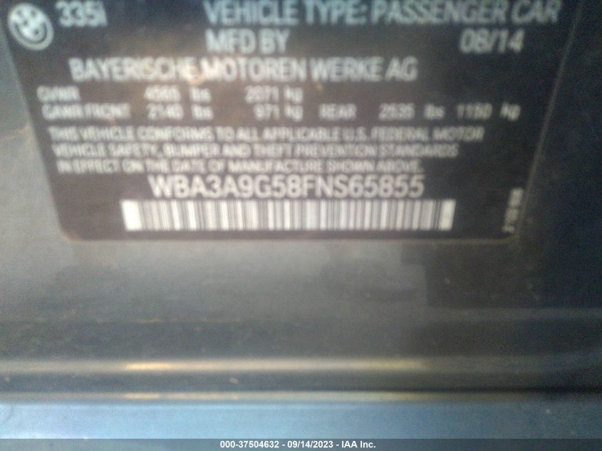 2015 BMW 3 SERIES 335I - WBA3A9G58FNS65855