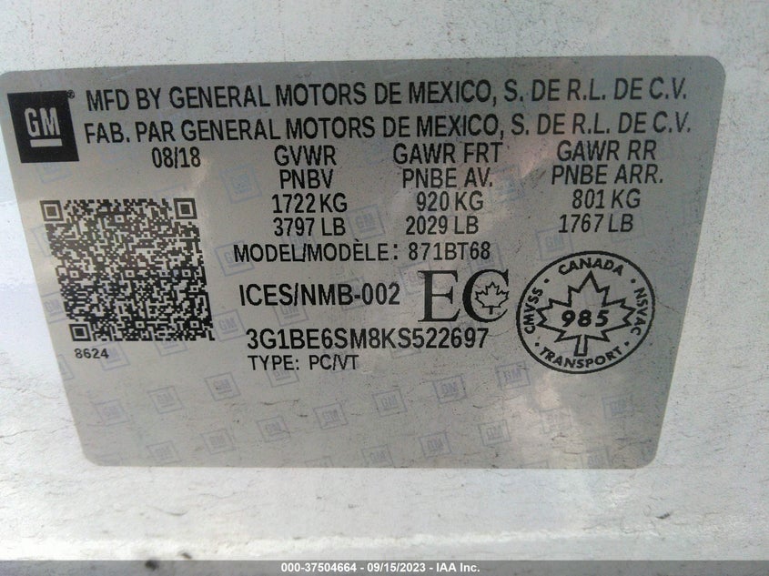 VIN 3G1BE6SM8KS522697 2019 CHEVROLET CRUZE LT