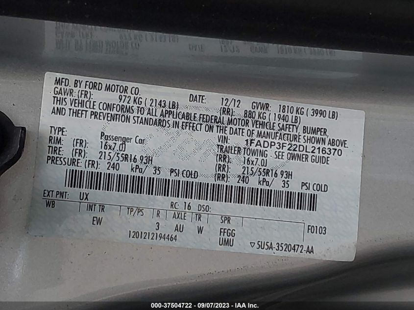 2013 FORD FOCUS SE - 1FADP3F22DL216370