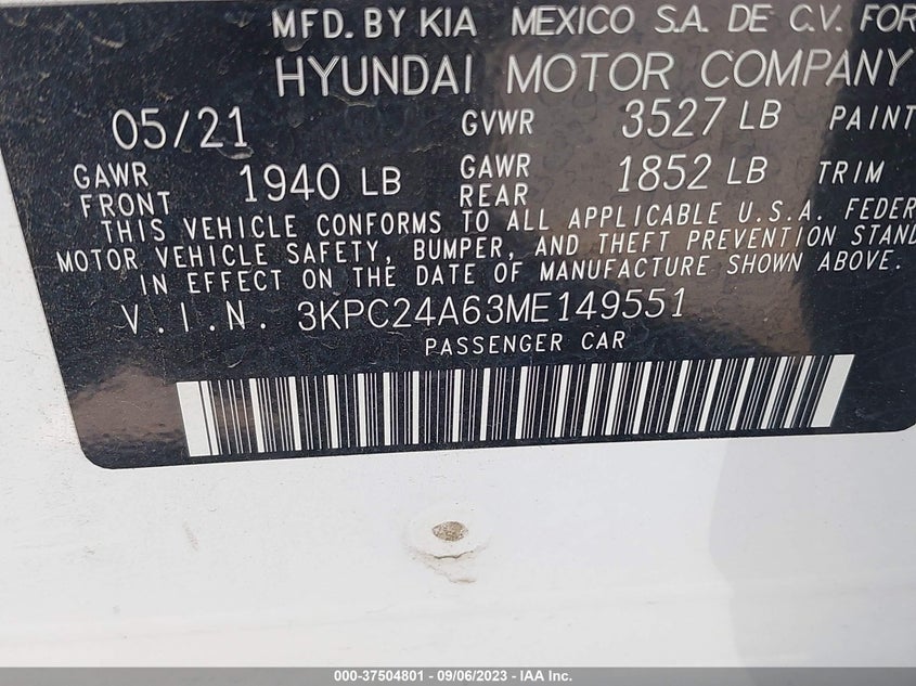 VIN 3KPC24A63ME149551 2021 HYUNDAI ACCENT SE