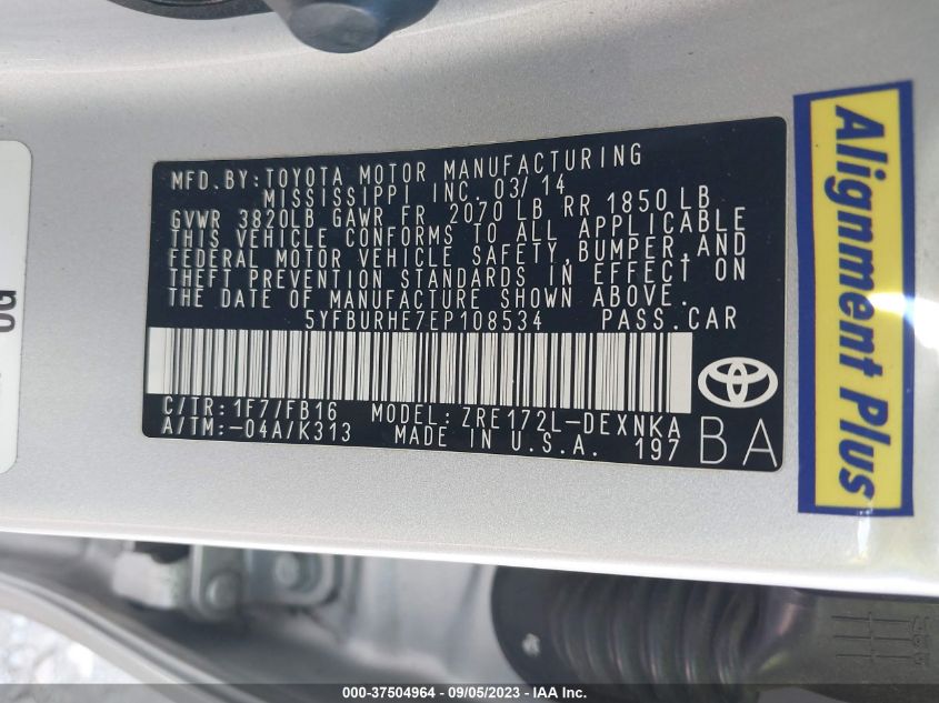 2014 TOYOTA COROLLA L/LE/S/S PLUS/LE PLUS - 5YFBURHE7EP108534