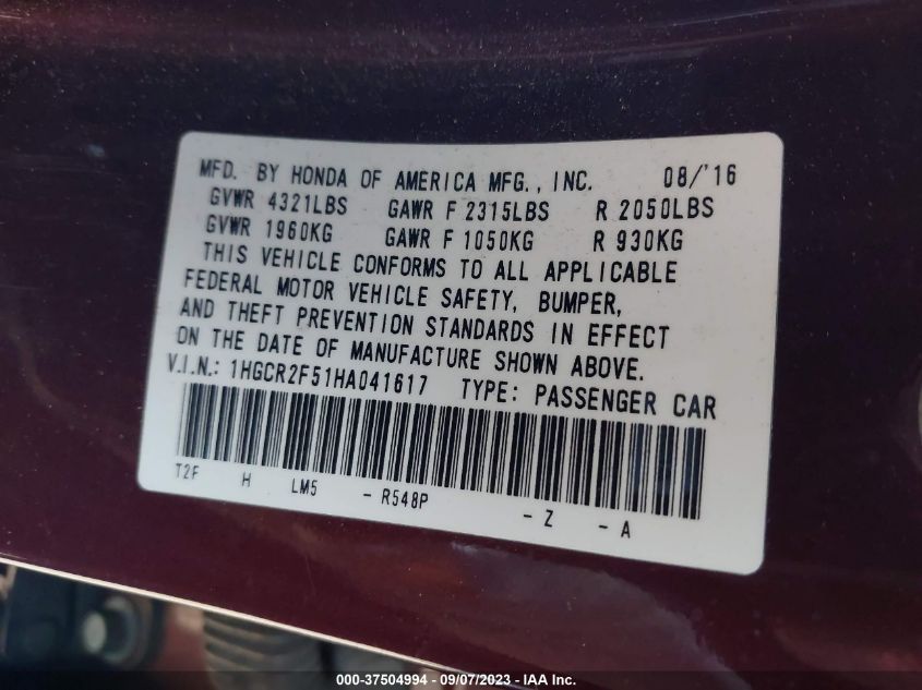 2017 HONDA ACCORD SPORT - 1HGCR2F51HA041617