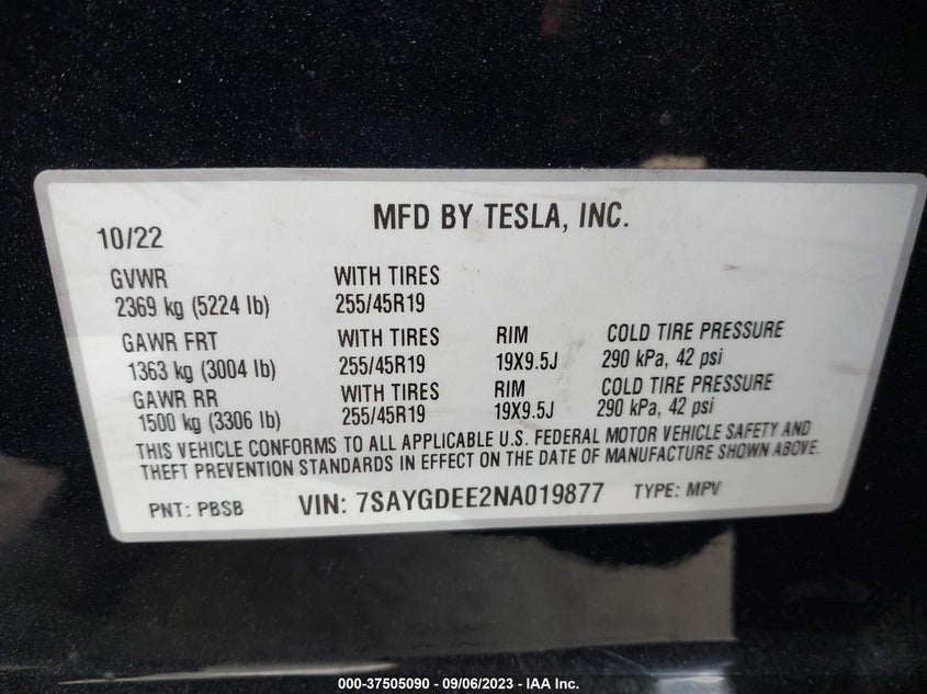 VIN 7SAYGDEE2NA019877 2022 TESLA MODEL Y