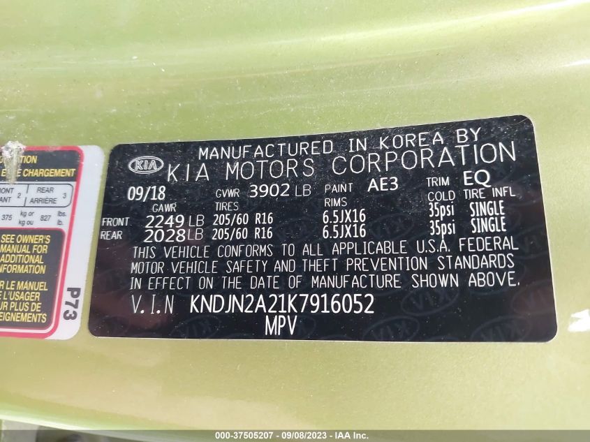 2019 KIA SOUL BASE - KNDJN2A21K7916052