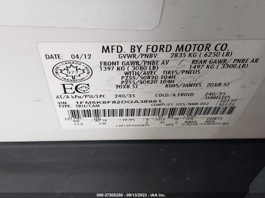 2013 FORD EXPLORER LIMITED - 1FM5K8F82DGA38981