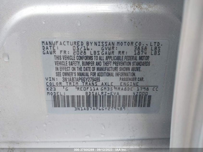 2016 NISSAN SENTRA SR/SL/S/SV/FE+ S - 3N1AB7AP6GY279489