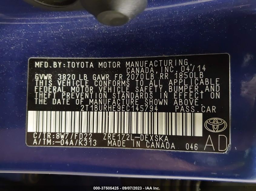 2014 TOYOTA COROLLA L/LE/S/S PLUS/LE PLUS - 2T1BURHE9EC145794