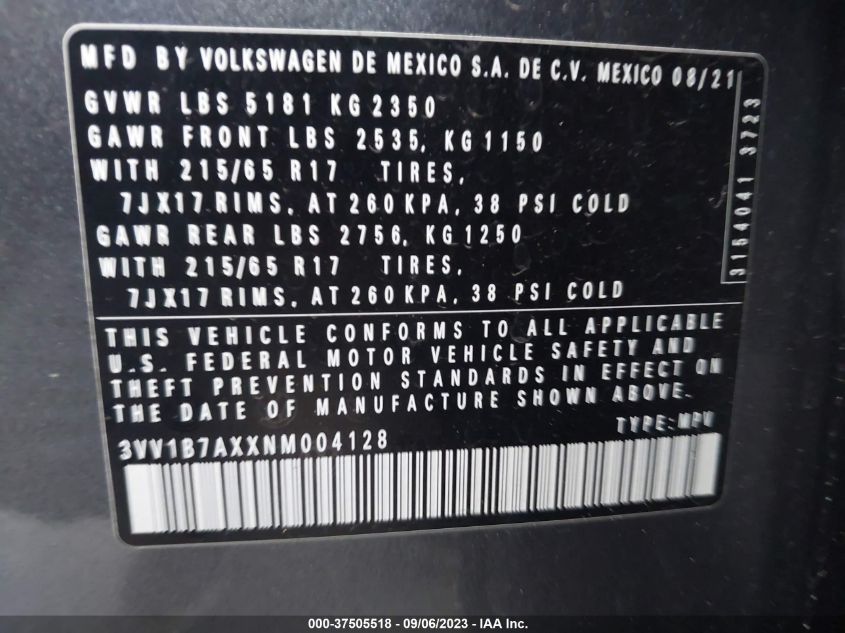 3VV1B7AXXNM004128 Volkswagen Tiguan S 9