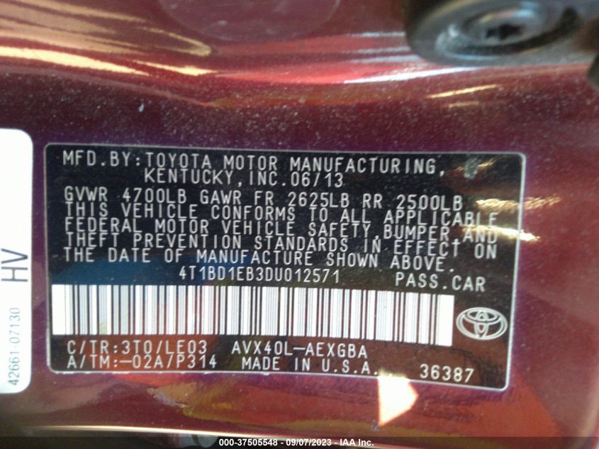 2013 TOYOTA AVALON HYBRID/PREM/TOUR/LTD 14T1BD1EB3DU01257