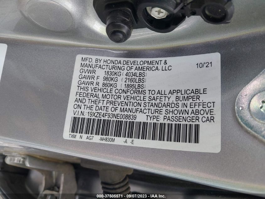 2022 HONDA INSIGHT TOURING - 19XZE4F93NE008839