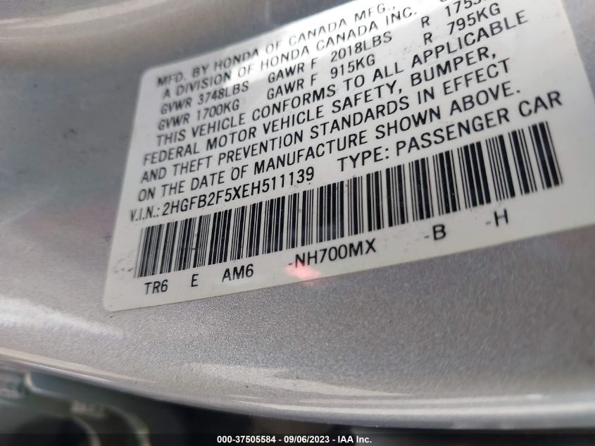 2014 HONDA CIVIC SEDAN LX - 2HGFB2F5XEH511139